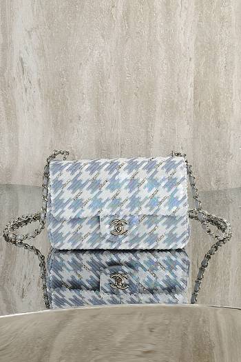 Colestore Chanel Classic Flap Bag Sequins & Silver-Tone Metal Light Blue & White 20cm