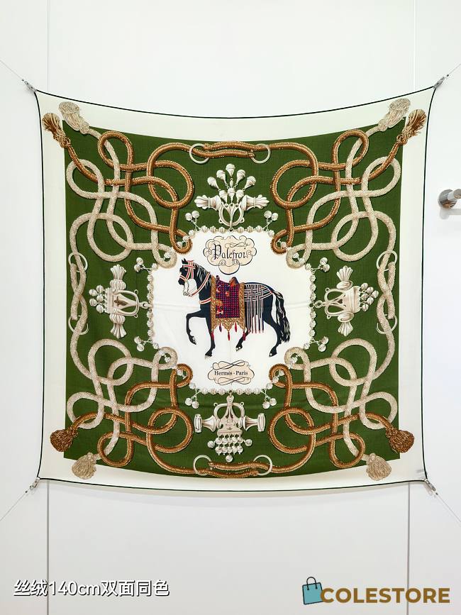 Colestore   Hermès Palefroi Shawl 140 blanc / vert loden / gris argent - 1