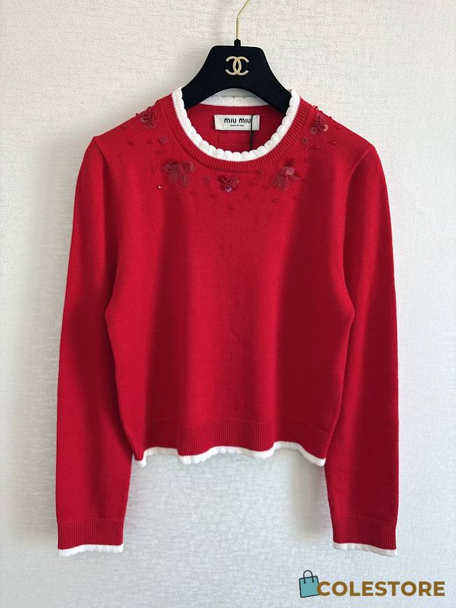 Colestore Miu Miu Red Embellished Trim Sweater - 1