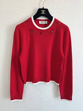 Colestore Miu Miu Red Embellished Trim Sweater