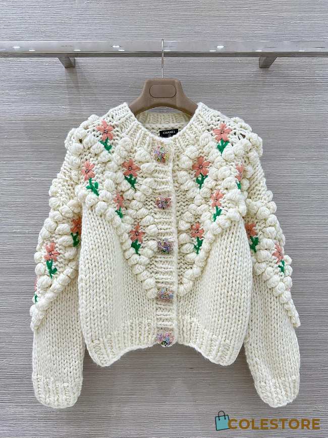 Colestore Chanel White Knit Floral Embroidered Cardigan - 1