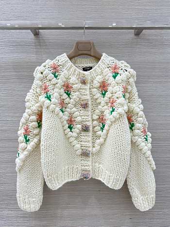 Colestore Chanel White Knit Floral Embroidered Cardigan