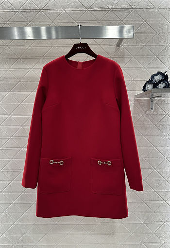Colestore Gucci Silk Georgette Dress with Horsebit in Rosso Ancora Red 