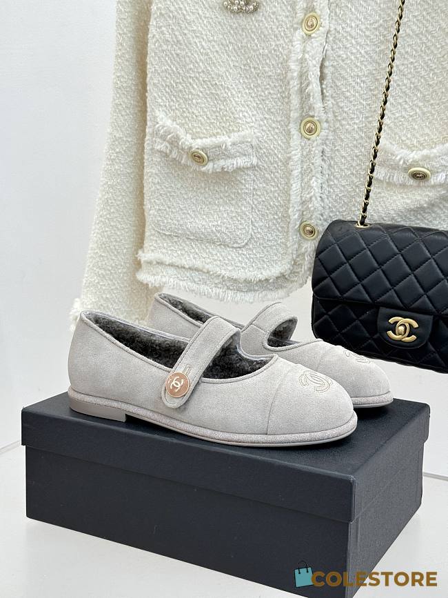 Colestore Chanel Light Grey Suede Shearling Fur Mary Jane Moccasin Ballet Loafer Flat - 1