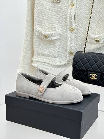 Colestore Chanel Light Grey Suede Shearling Fur Mary Jane Moccasin Ballet Loafer Flat