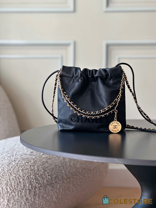 Colestore Chanel 22 Mini Handbag Black Shiny Calfskin 19x20x6cm - 1