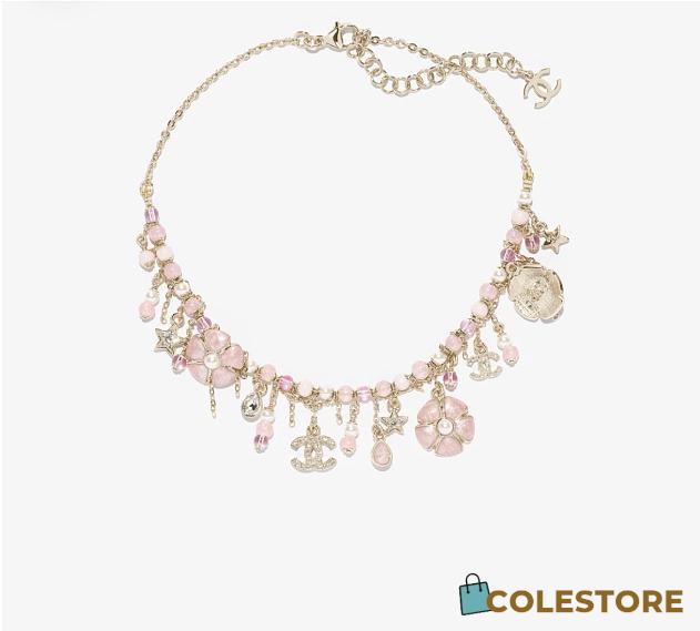 Colestore Chanel Necklace Metal, Glass pearls, High-grade resin & Stone beads  Gold, Pearl White, Pink & Transparent - 1