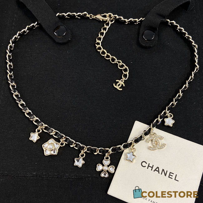 Colestore Chanel Necklace  Metal, Calfskin, Glass Pearl & Gemstones  Gold, Black, Pearl White, Crystal White - 1