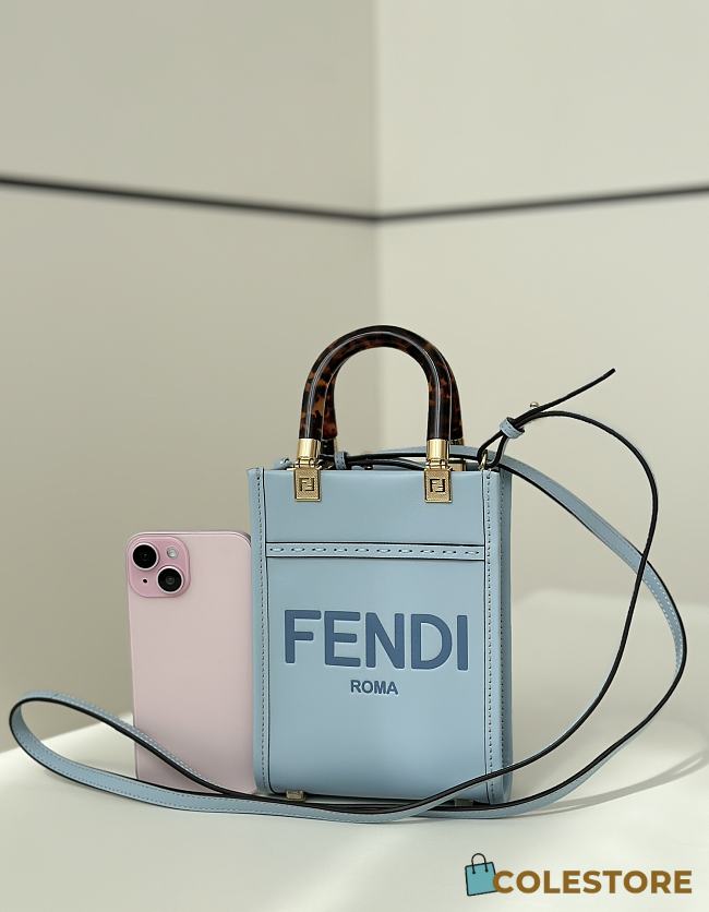 Colestore Fendi Sunshine Shopper Mini Handbag Blue Leather 13×6×18cm - 1