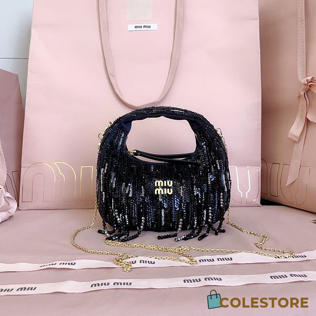 Colestore  Miu Miu Black Wander Satin Mini-bag With Crystal And Sequin Fringe 17x10x6cm - 1