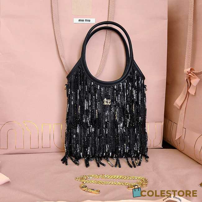 Colestore  Miu Miu Black Ivy Satin Handbag With Crystal And Sequin Fringe  20x24 cm - 1