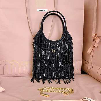 Colestore  Miu Miu Black Ivy Satin Handbag With Crystal And Sequin Fringe  20x24 cm