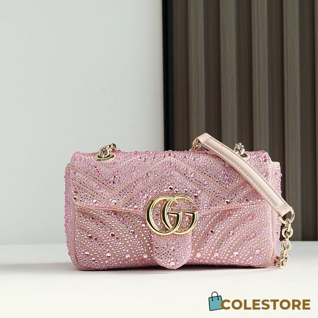 Colestore Gucci GG Marmont Crystals Small Shoulder bag in Light Pink Nubuck Leather 22x12.5x6cm - 1