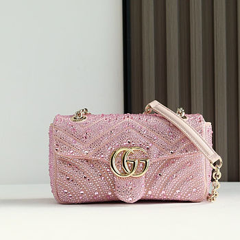 Colestore Gucci GG Marmont Crystals Small Shoulder bag in Light Pink Nubuck Leather 22x12.5x6cm