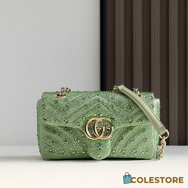 Colestore Gucci GG Marmont Crystals Small Shoulder bag in Pale Green Nubuck Leather 22x12.5x6cm - 1