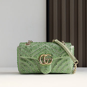 Colestore Gucci GG Marmont Crystals Small Shoulder bag in Pale Green Nubuck Leather 22x12.5x6cm
