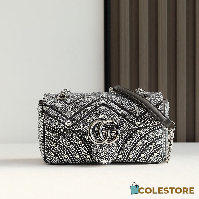 	 Colestore Gucci GG Marmont Crystals Small Shoulder bag in Pale Grey Nubuck Leather 22x12.5x6cm - 1