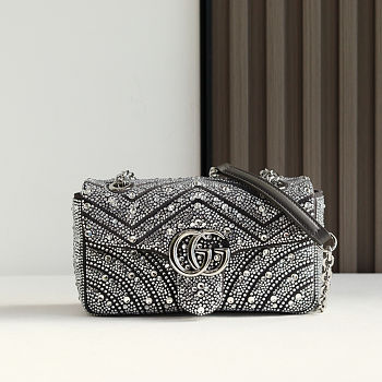 	 Colestore Gucci GG Marmont Crystals Small Shoulder bag in Pale Grey Nubuck Leather 22x12.5x6cm