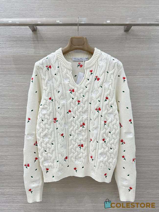 Colestore Dior Dioramour Embroidered Long-Sleeved Sweater Ecru Cashmere Cable-Knit with Multicolor Doves & Roses Motif  - 1