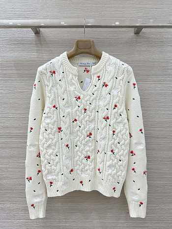 Colestore Dior Dioramour Embroidered Long-Sleeved Sweater Ecru Cashmere Cable-Knit with Multicolor Doves & Roses Motif 