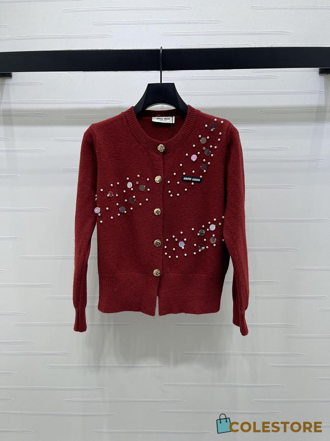 Colestore Miu Miu Sequin & Pearl Wool Cardigan Red - 1