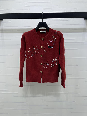 Colestore Miu Miu Sequin & Pearl Wool Cardigan Red