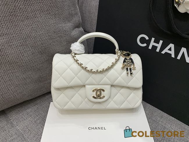Colestore Chanel White Quilted Lambskin Top Handle Mini Flap Bag Pale Gold Hardware, Charm 20x14x7cm - 1