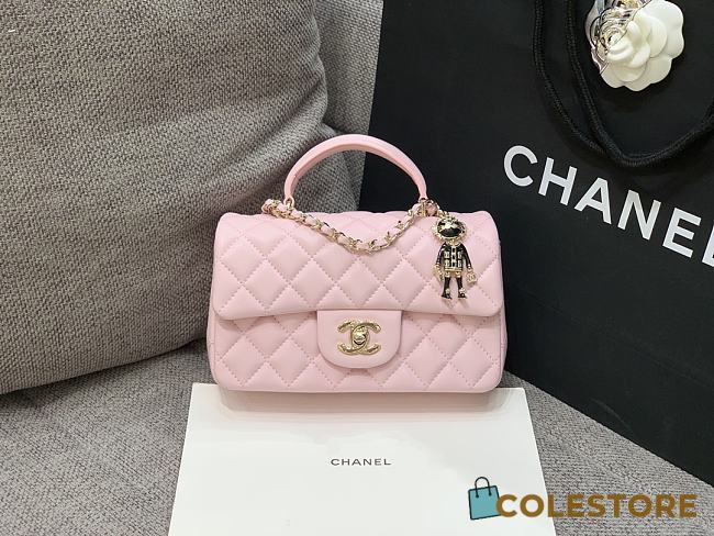 Colestore Chanel Pink Quilted Lambskin Top Handle Mini Flap Bag Pale Gold Hardware, Charm 20x14x7cm - 1