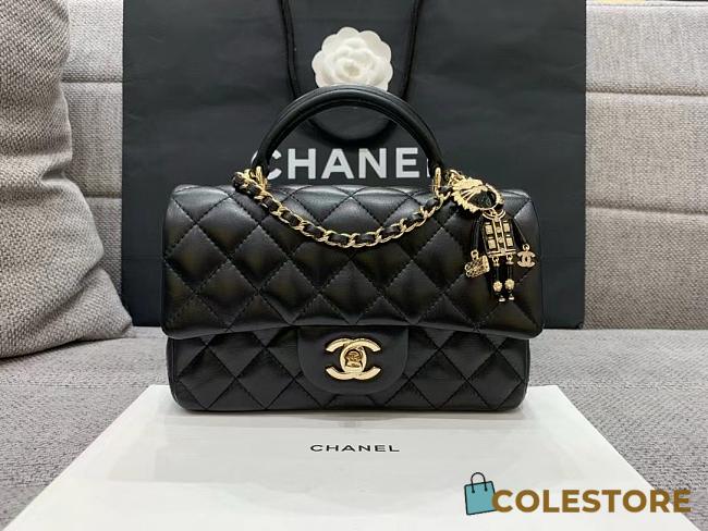 Colestore Chanel Black Quilted Lambskin Top Handle Mini Flap Bag Pale Gold Hardware, Charm 20x14x7cm - 1