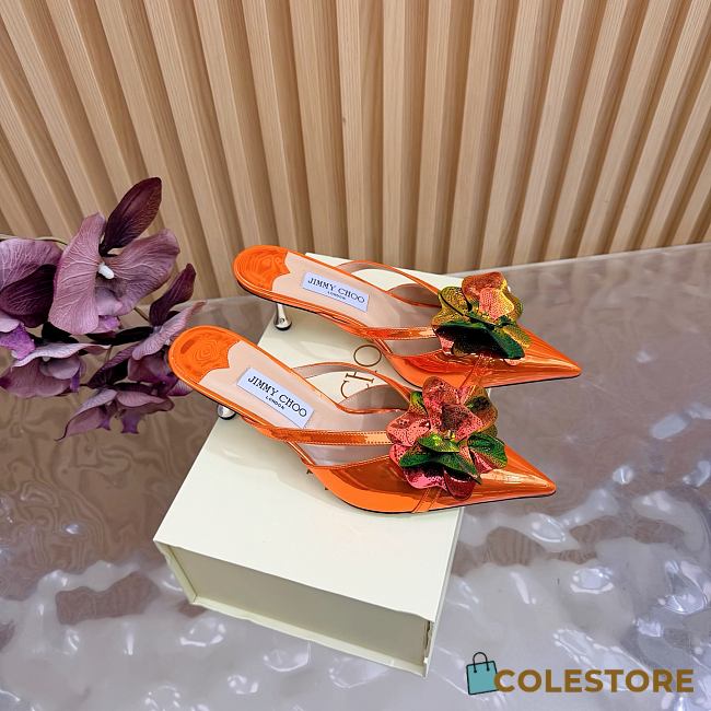 Colestore Jimmy Choo Floral Appliqué Patent Leather Mules Orange - 1