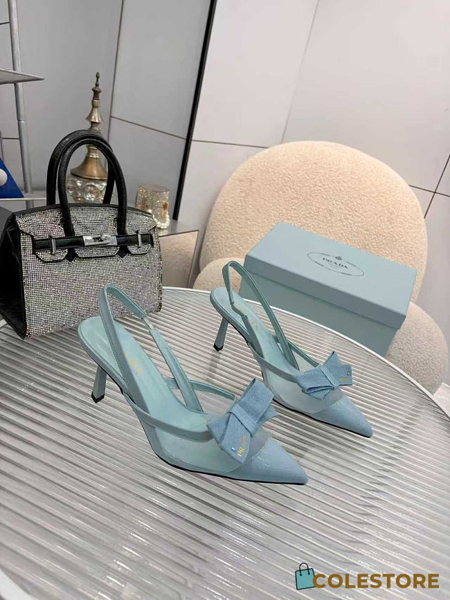 Colestore Prada Pointed-Toe Slingback Pumps with Bow Blue - 1