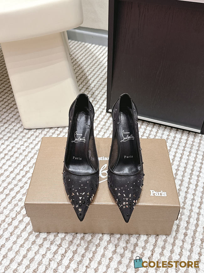 Colestore Christian Louboutin Follies Strass 85 mm Pumps Mesh and Suede Black - 1