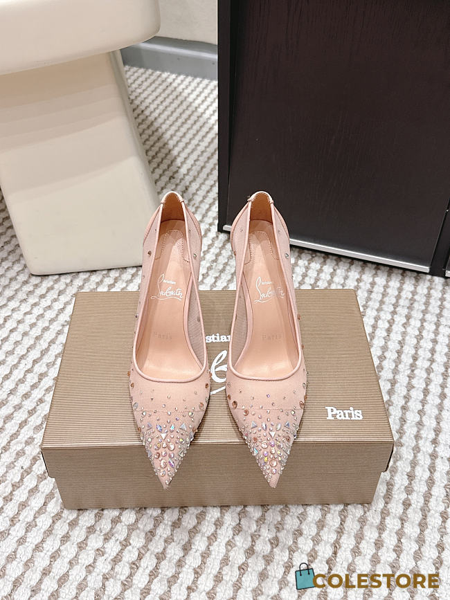 Colestore Christian Louboutin Follies Strass 85 mm Pumps Mesh and Suede Light Silk - 1