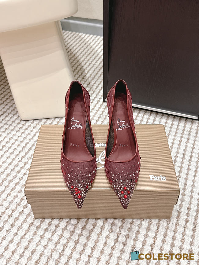 Colestore Christian Louboutin Follies Strass 85 mm Pumps Mesh and Suede Burgundy - 1