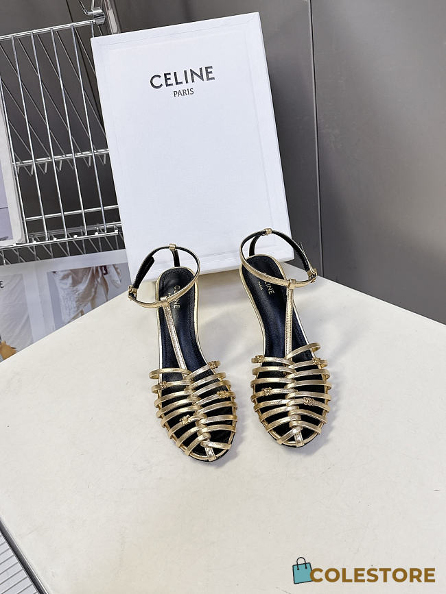 Colestore Celine Cage  Strappy Sandal In Laminated Lambskin Gold - 1