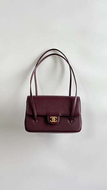 Colestore Chanel Small Flap-Top bag Glossy Calfskin with Grain Effect & Gold-plated Metal Burgundy 22x15x7cm