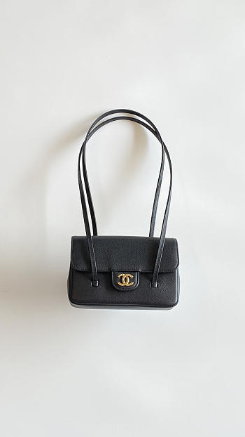 Colestore Chanel Clutch with Leather strap Glossy Calfskin with Grain Effect & Gold-Plated Metal Black 17x11.5x5cm