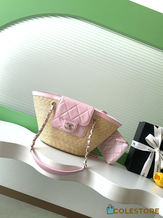 Colestore Chanel Small Shopping bag Braided Straw, Sheepskin & Gold-Colored Metal Beige & Pink  18x41x13cm - 1