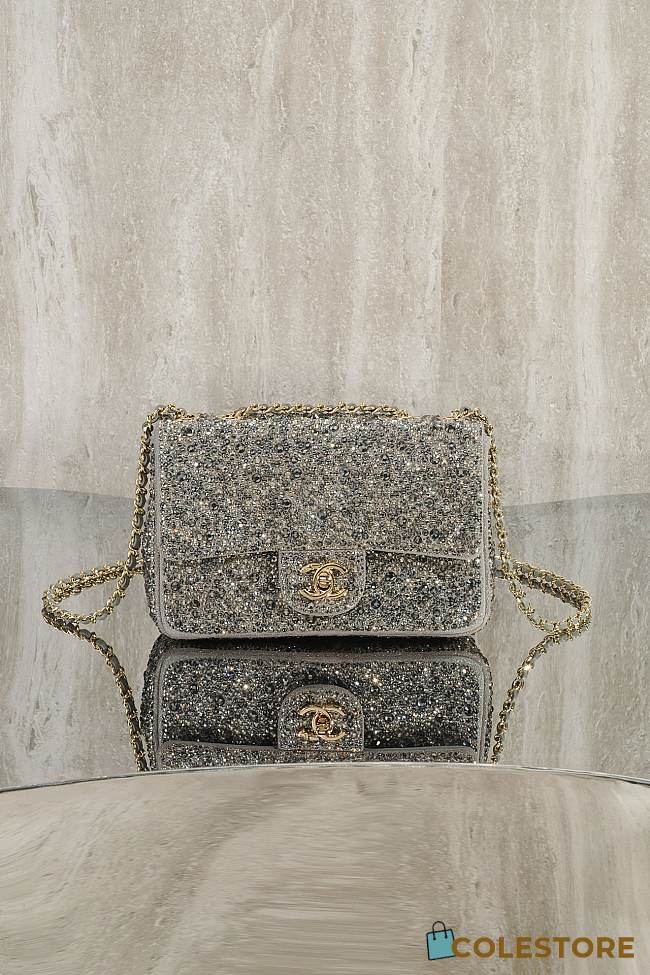 Colestore Chanel Crystal-Embellished Classic Flap Bag Silver/Grey 20cm - 1