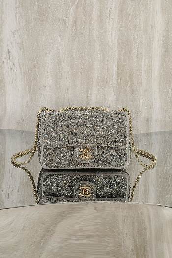 Colestore Chanel Crystal-Embellished Classic Flap Bag Silver/Grey 20cm