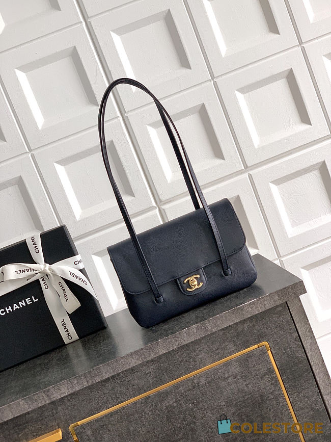 	 Colestore Chanel Small Flap-Top bag Glossy Calfskin with Grain Effect & Gold-plated Metal Dark Blue/Navy 22x15x7cm - 1