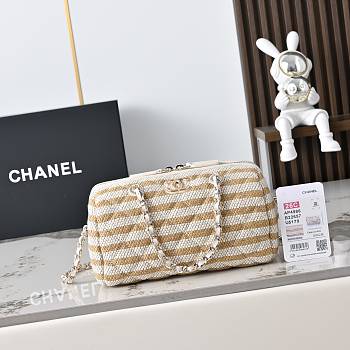 Colestore Chanel Clutch with Strap Crocheted Fabric, Sheepskin & Gold-colored metal Beige 11.5x18.5x11cm