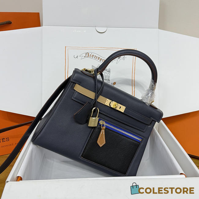 Colestore Hermes Kelly 25 Colormatic Blue Black Chai Gold Leather Palladium Hardware - 1