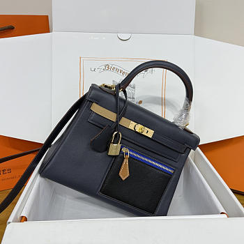 Colestore Hermes Kelly 25 Colormatic Blue Black Chai Gold Leather Palladium Hardware