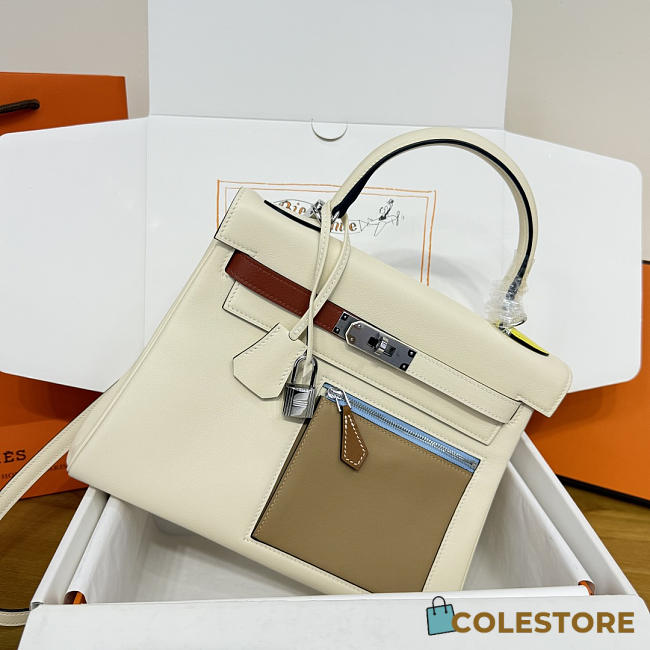 Colestore Hermes Kelly Colormatic in Cream with Tan Pocket 28cm - 1