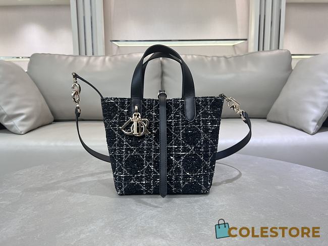 Colestore Dior Small Dior Toujours Vertical Tote Bag Black Tweed with White Cannage Motif 16×18×12cm - 1