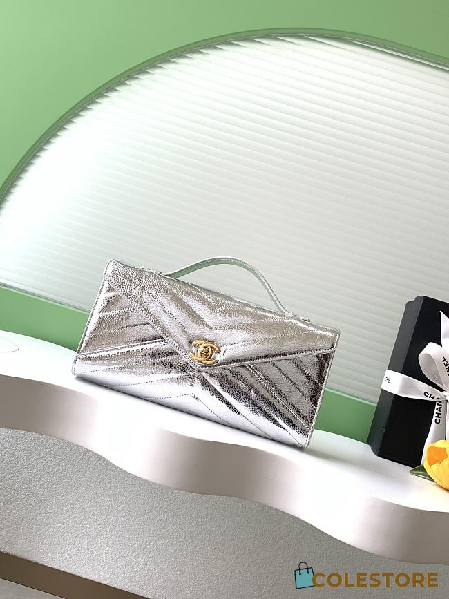 Colestore Chanel Chevron Quilted Envelope Flap Bag Metallic Silver, Top Handle 26x10x5cm - 1