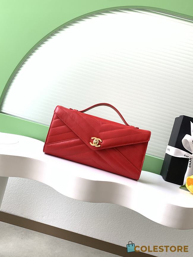 Colestore Chanel Chevron Quilted Envelope Flap Bag Red, Top Handle 26x10x5cm - 1