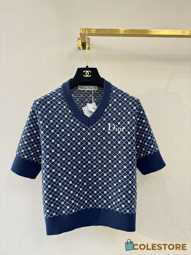 Colestore  Dior Short-Sleeved Sweater Wool Blend Jacquard with Navy Blue - 1