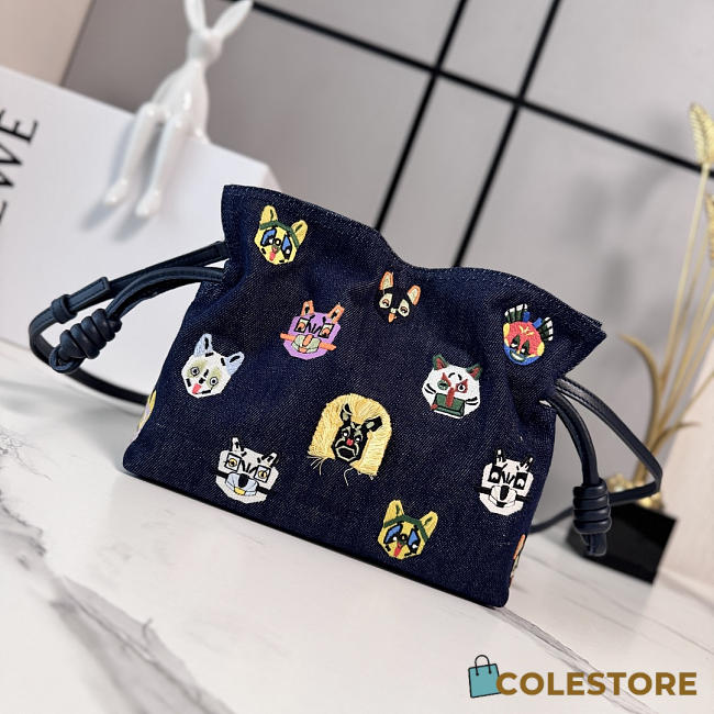 Colestore  Loewe Cats Small Flamenco Clutch in Embroidered Denim Blue 23x18x9cm  - 1